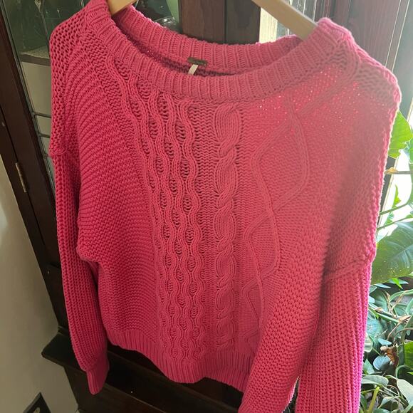 Free People Fuchsia Cozy Cable Knit Sweater S Chunky Cotton Blend Boho Knitwear - Picture 8 of 17